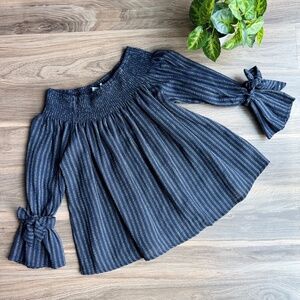 NWT She + Sky Navy Striped Smocked‎ Off Shoulder Long Sleeve Top – Size S